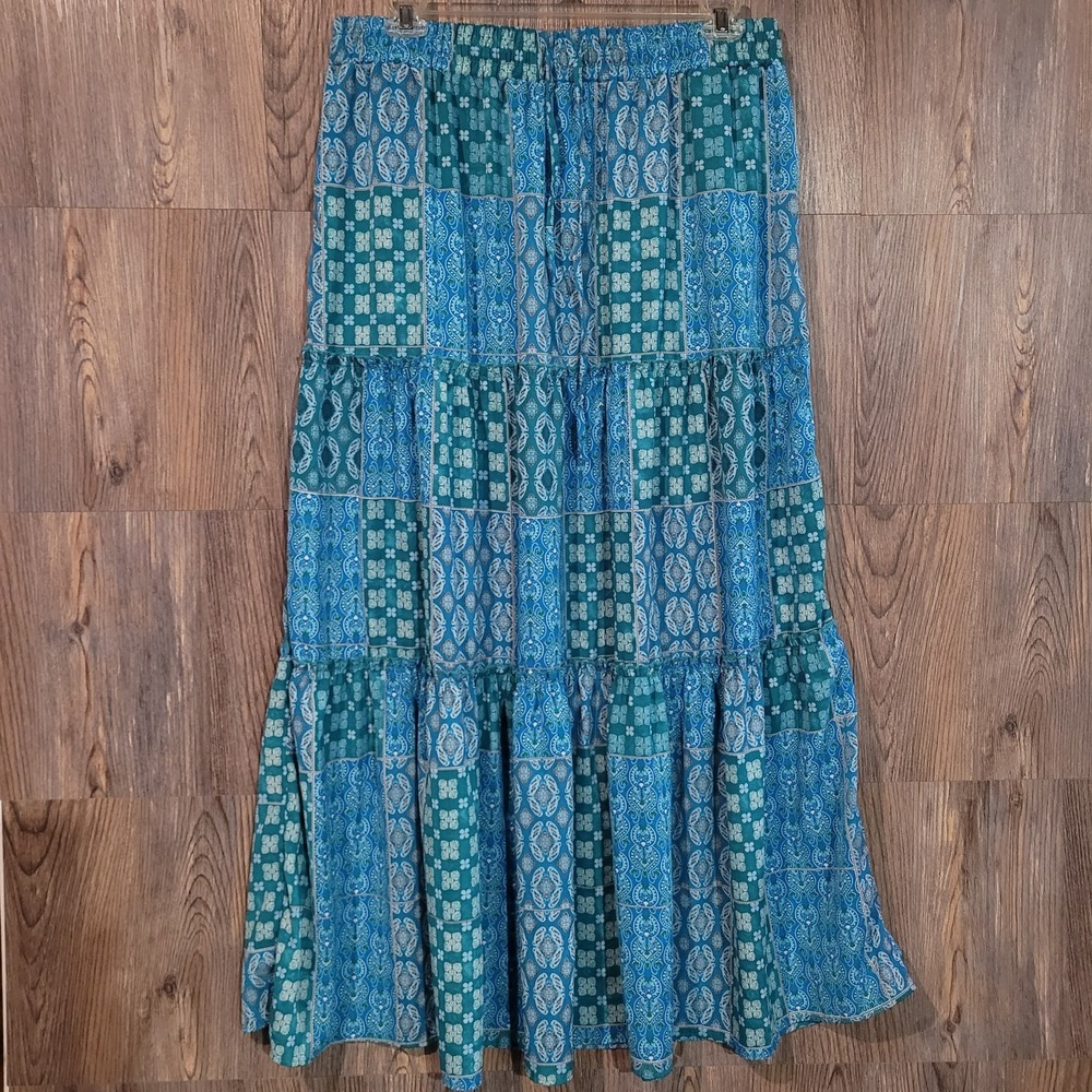Patchwork Print Tiered Maxi Skirt 2XL XXL Teal Turquoise Pockets Boho Festival
